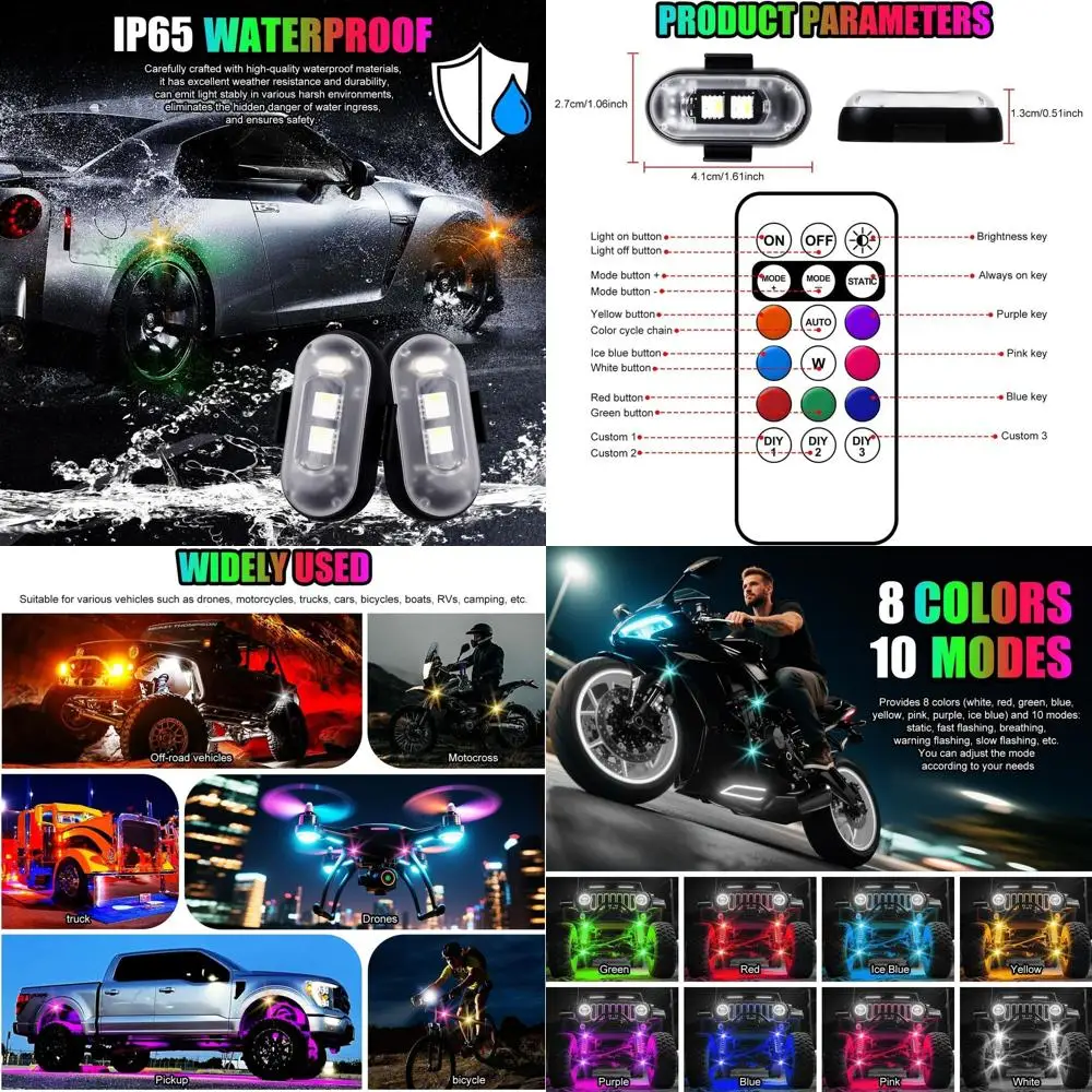 

Wireless LED Lights for Cars, 8-Color Rock Lights with 10 Modes, Strobe Warning, Ideal for Motorcycles, Boats, Camping, Bikes, D