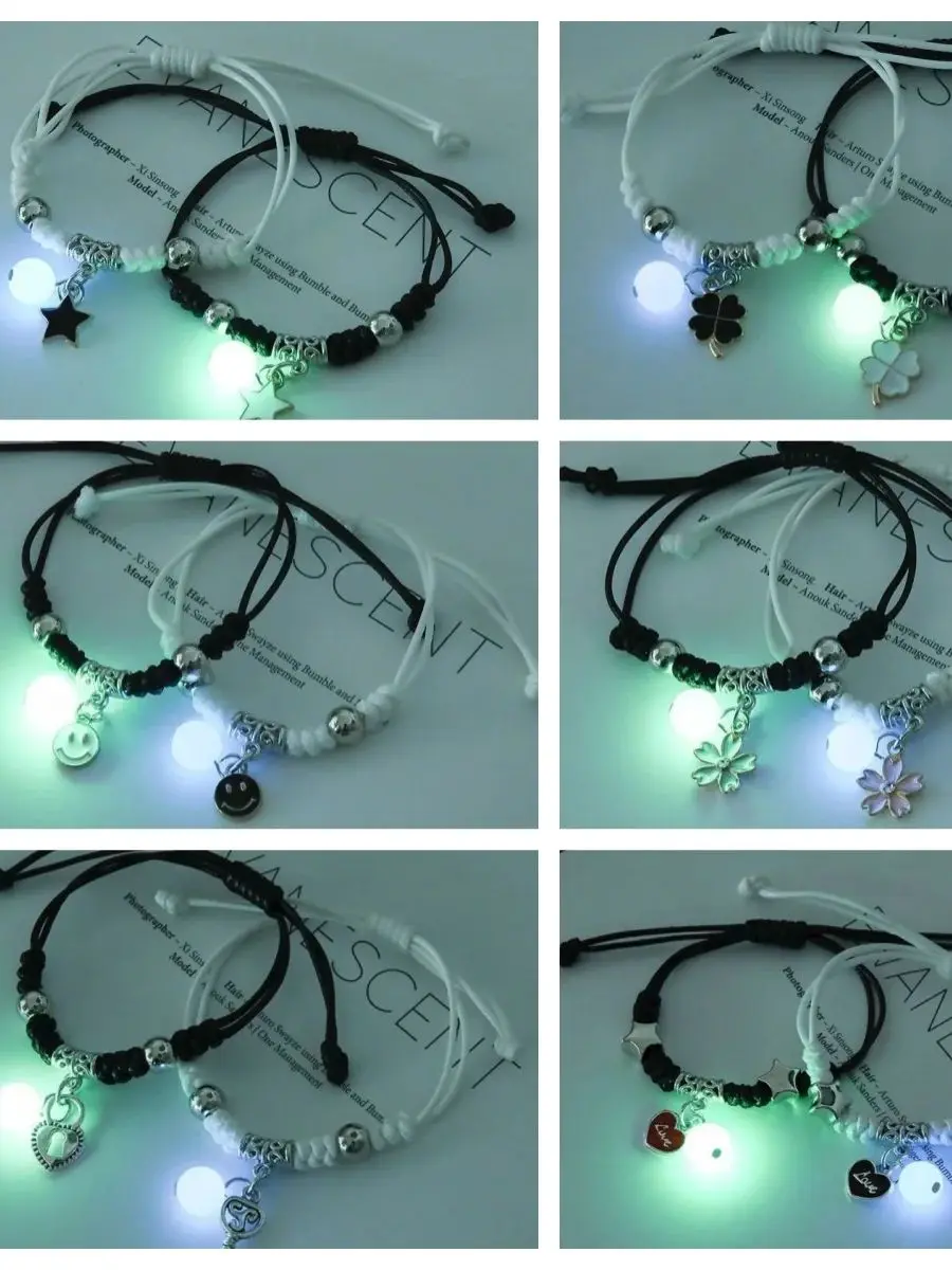 2 pcs of Luminous Cartoon Pattern Pendant Adjustable String Couple's Bracelets, Bff Trendy Jewelry Gifts