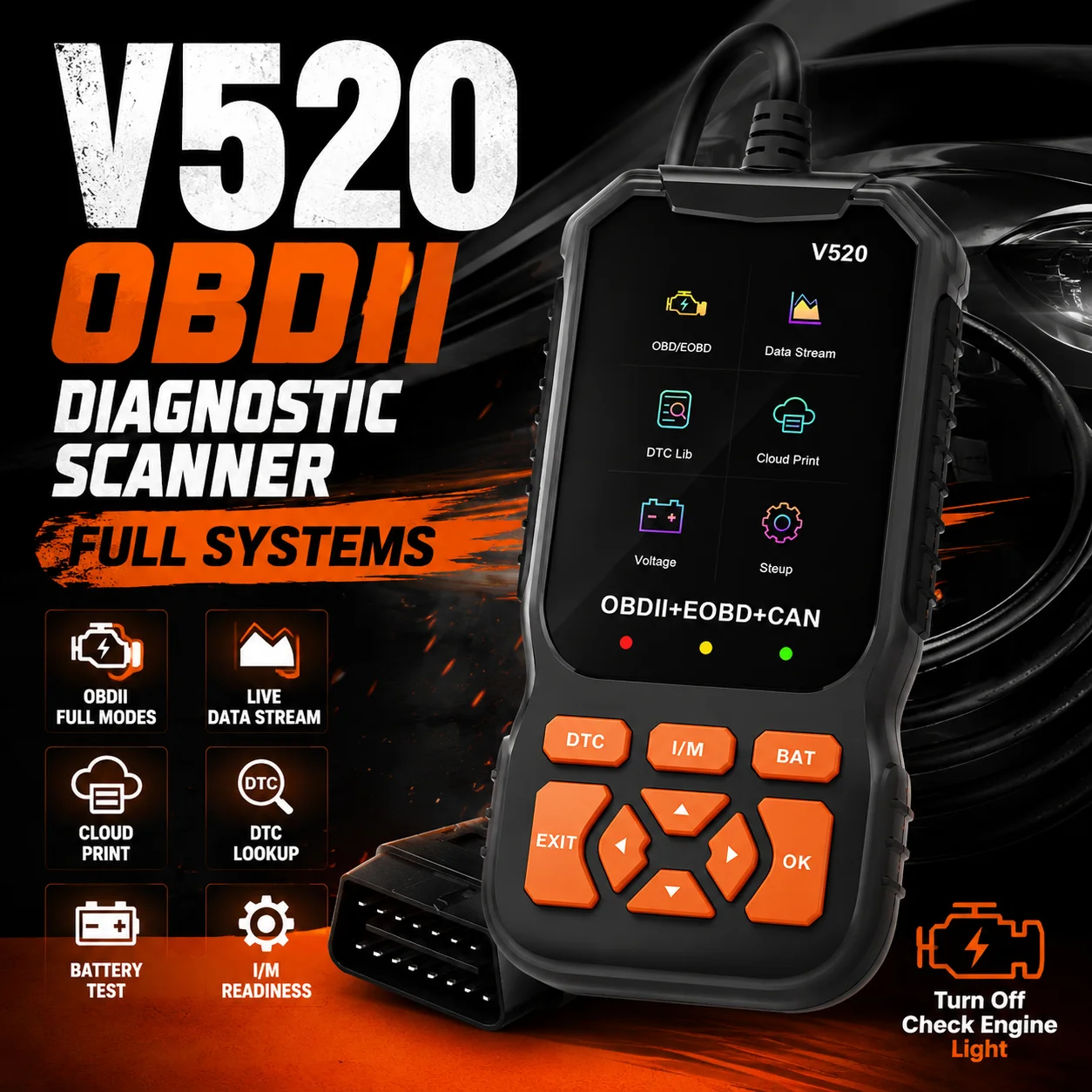 2026 V520 Obd2 Car Diagnostic Scanner Auto Engine Code Reader Real-Time Data Reset 8 Languages Professional Repair Tool