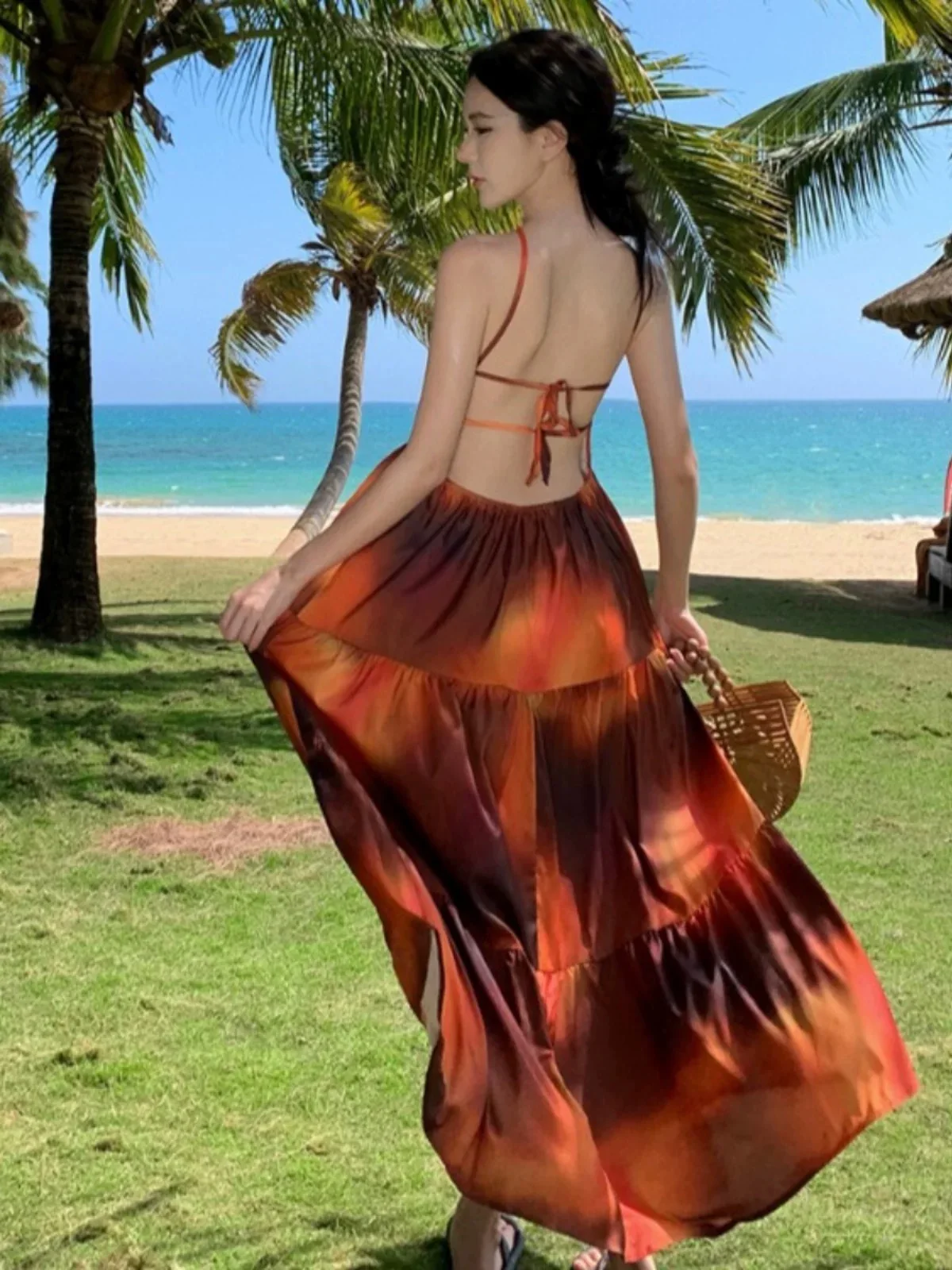 Lady Trendy Fire Design Print Dress Long Big Flowy Swing Dress Women Tropical Tie Dye Bohemian Beach Holiday Thailand Bali Dress