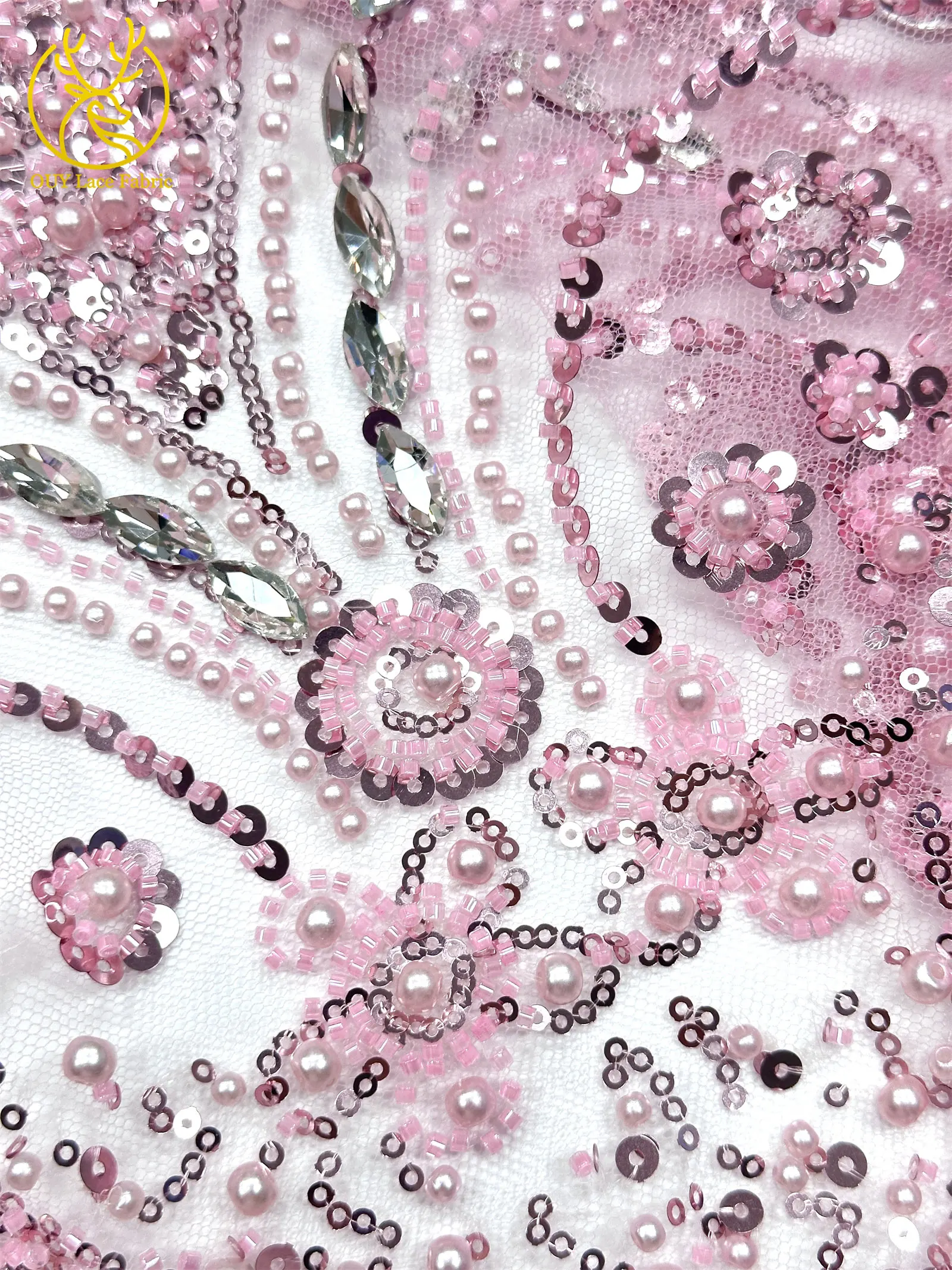 Luxuriöser königlicher lila afrikanischer handgefertigter Perlen-Spitzenstoff, französischer Pailletten-Stein-Tüll-Spitzenstoff für Hochzeitskleid-Design – Detail 25