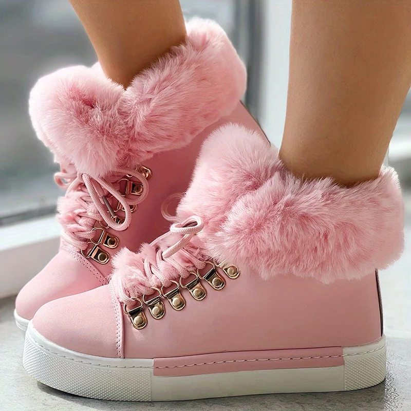 Women Solid Color Boots Lace Up High-top Round Toe Non-slip Fluffy Velvet Warm Shoes Winter Snow Comfy Shoes