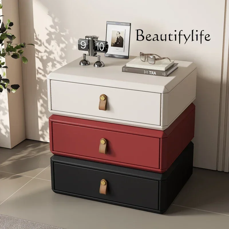 

yj9 Creative high-end Italian minimalist rotating bedside table three-layer leather light luxury solid wood storage bedroom