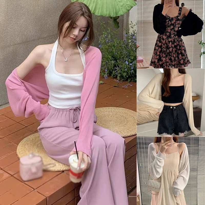 Summer Solid Color Thin Ice Silk Knit Sunscreen Cardigan Casual Versatile Shawl Cover-Up Cropped Short Elegant Women Top