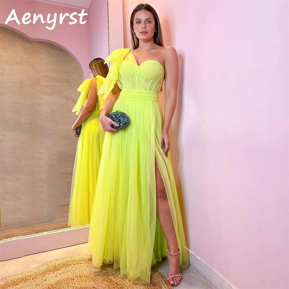 

Aenryst Yellow Sweetheart Corsets A Line Prom Dresses Tulle One Shoulder Split Evening Dress Floor Length Formal Occasion Gowns