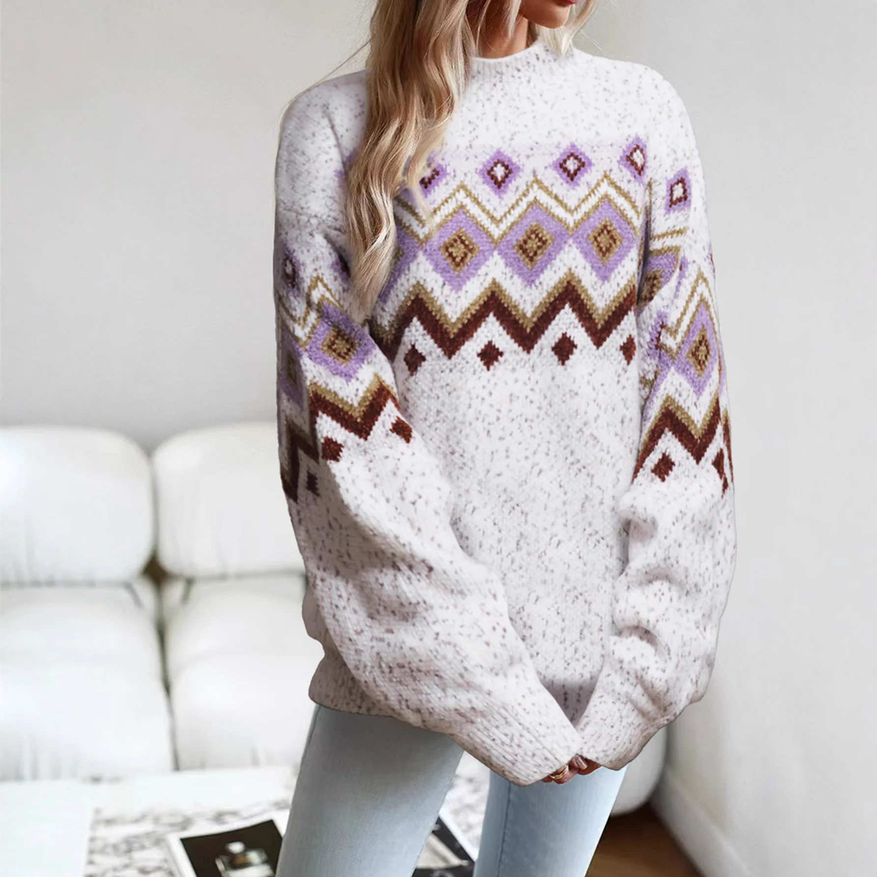 

Fall Winter Half High Neck Knitted Sweater New Arrival Snowflake Pattern Base Layer Top For Women Trade