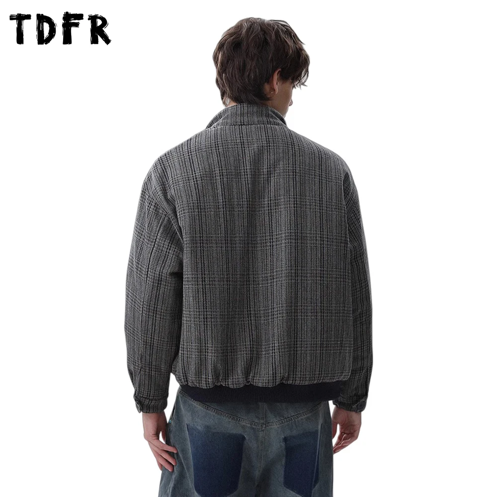 Retro Houndstooth Quilted Jacket Mens Winter Casual Long Sleeve Loose Stand Collar Thick Outerwear Man