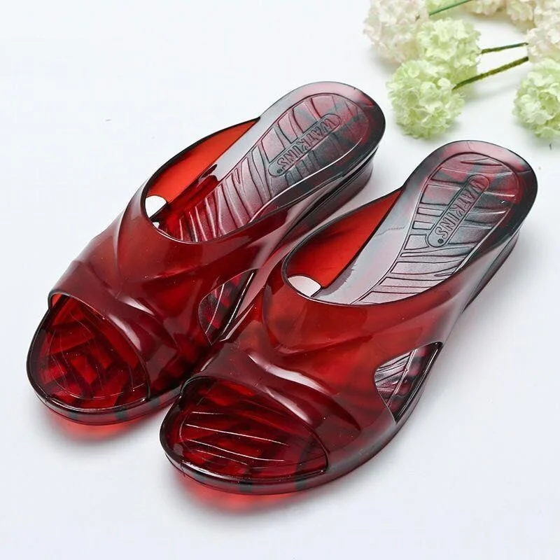 Summer Crystal Slip-On Slippers Anti-Odor Outdoor Wearable Bathroom Bathing mid Heel Mom Shoes Comfortable Casual Style PVC U...