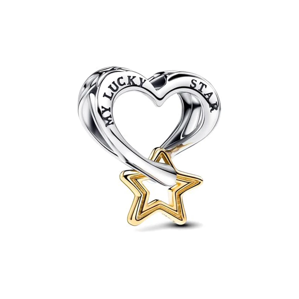 2025 New Hot Sale Two-tone Lucky Star & Heart Charm Beads Fit Pan Original Bracelets Necklace DIY Fashion Woman Jewelry Gift