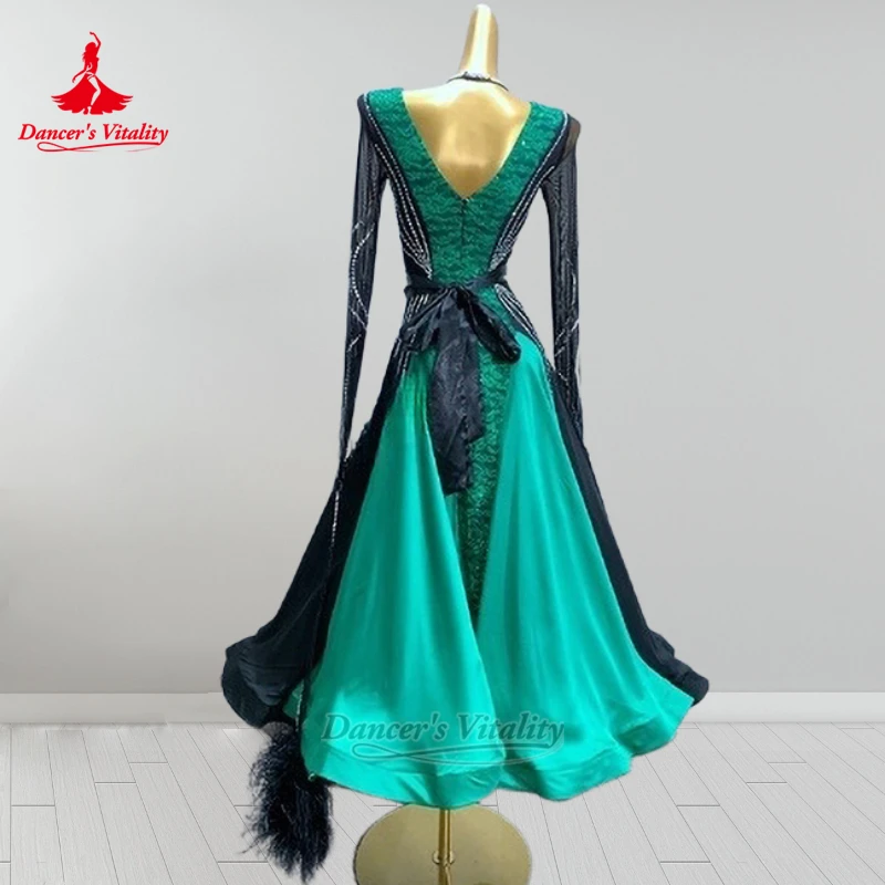 Waltz Quickstep Professional Clothing Customized Adult Women Social Dance Black-green 2-color Splicing Dresses Dancer's Vitality