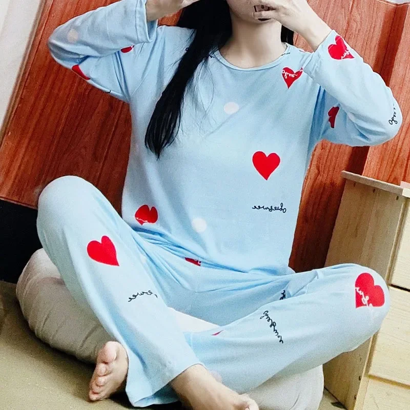Piżama damska Plus Size z długim rękawem Odzież studencka Wiosna Moda Oddychający nadruk Pullover Top Zestaw spodni Można nosić