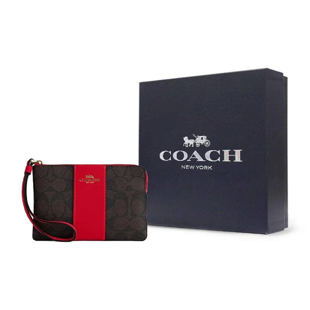 COACH Corner Zip Artificial Leather, Cow Split Leather Wrist Bag Clutch Small Women's Walnut & Red CW854-IMXD0 view 2