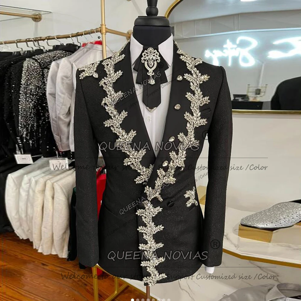 

Exquisite Suits Men Jacquard Coat Pants 2 Piece Sets Customized Diamond Beaded Prom Blazers Groom Formal Wear Wedding Tuxedos