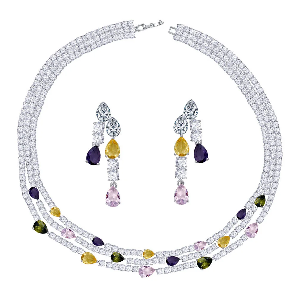 Shiny Colorful Cubic Zirconia 3 Rows Multi Layer Bridal Wedding Choker Necklace Earrings Jewelry Set for Women