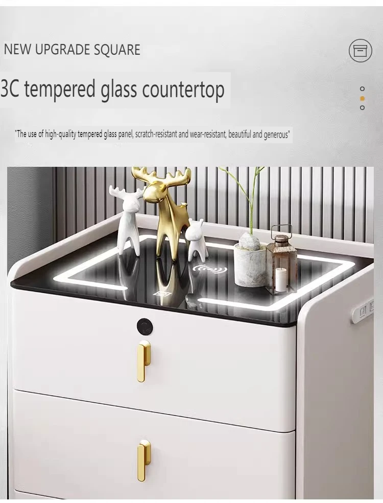 طاولة بجانب السرير ذات درج علوي ذكي، طاولة بجانب السرير فاخرة بيضاء لامعة #4