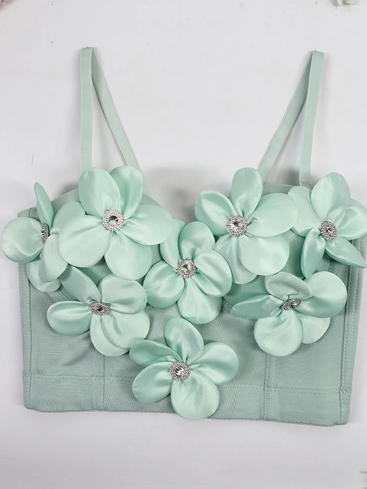 

SsTss Elegant Rhinestone Glittering 3D Floral Camisole for Women Luxury Adjustable Strap Sleeveless Boned Slim Crop Bustier Top