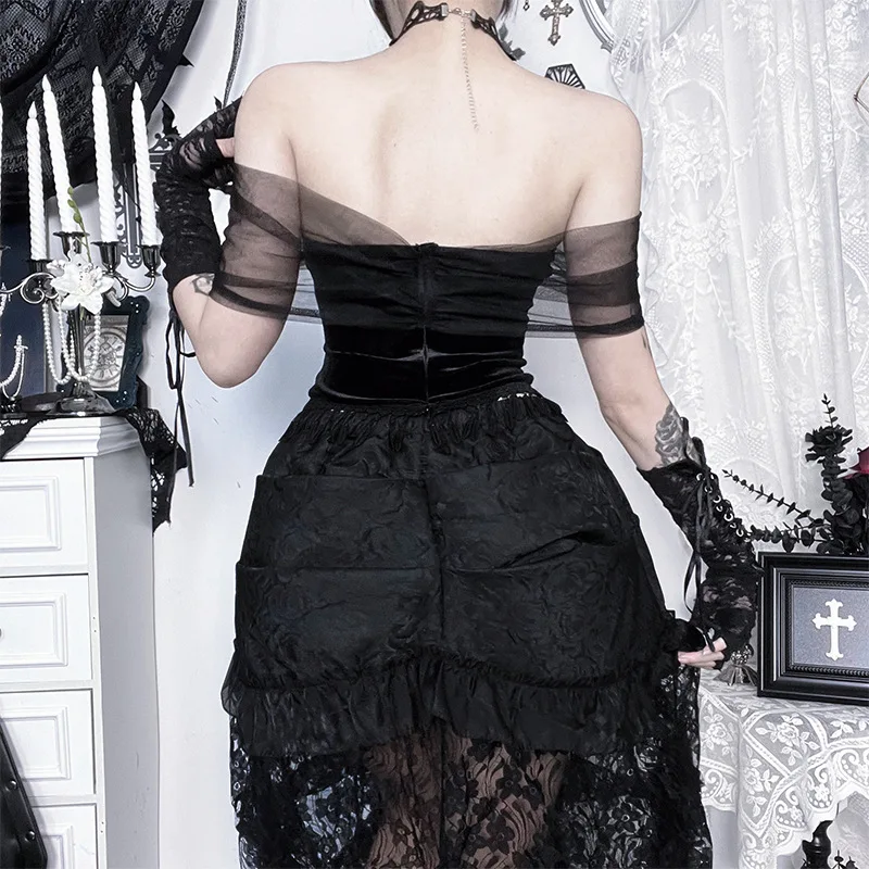 2025 New Retro Dark Y2K Grunge Strapless Mesh Lace Trim Corset Top Streetwear Women Mall Gothic Backless Sleeveless Cropped Tops