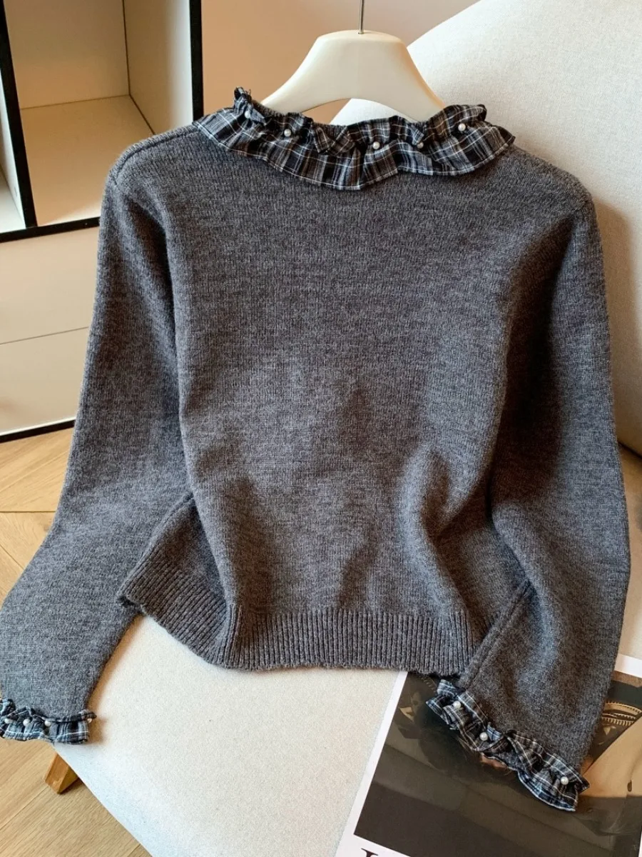 سترة نسائية محبوكة مفتوحة من Retro ey سترة نسائية ذات مظهر أذن من ort Sle سترة خريفية جديدة كورية فضفاضة بأزرار مناسبة...