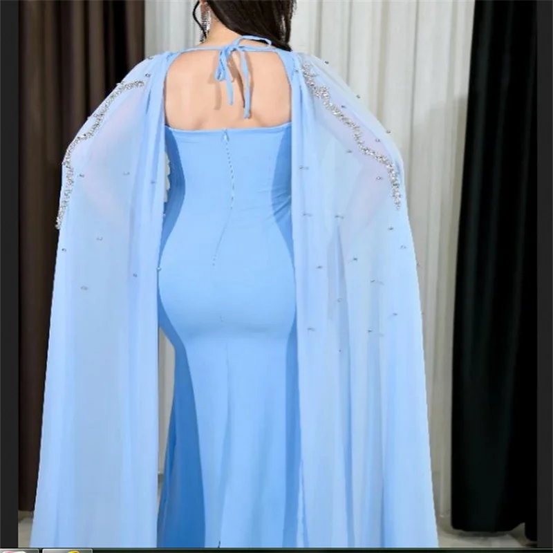 Personalizado trompete em cascata plissado pérolas com xale vestido de baile strass vestidos de noche até o chão noite formal