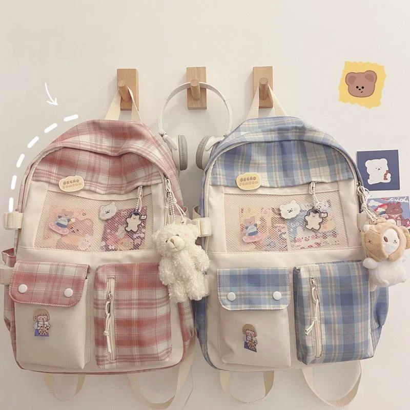 かわいいチェック柄スクールバッグ-女の子用-小学生・高校生用-ダブルショルダーバッグ-ソフトハンドル-春シーズン新モデル