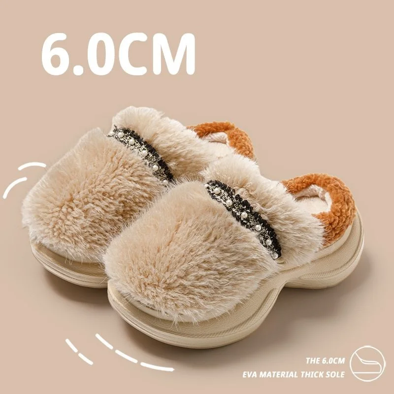 

New pearls platform slippers women's indoor fluffy mules clogs woman snug home shoes ladies supple furry slides fashion slipper