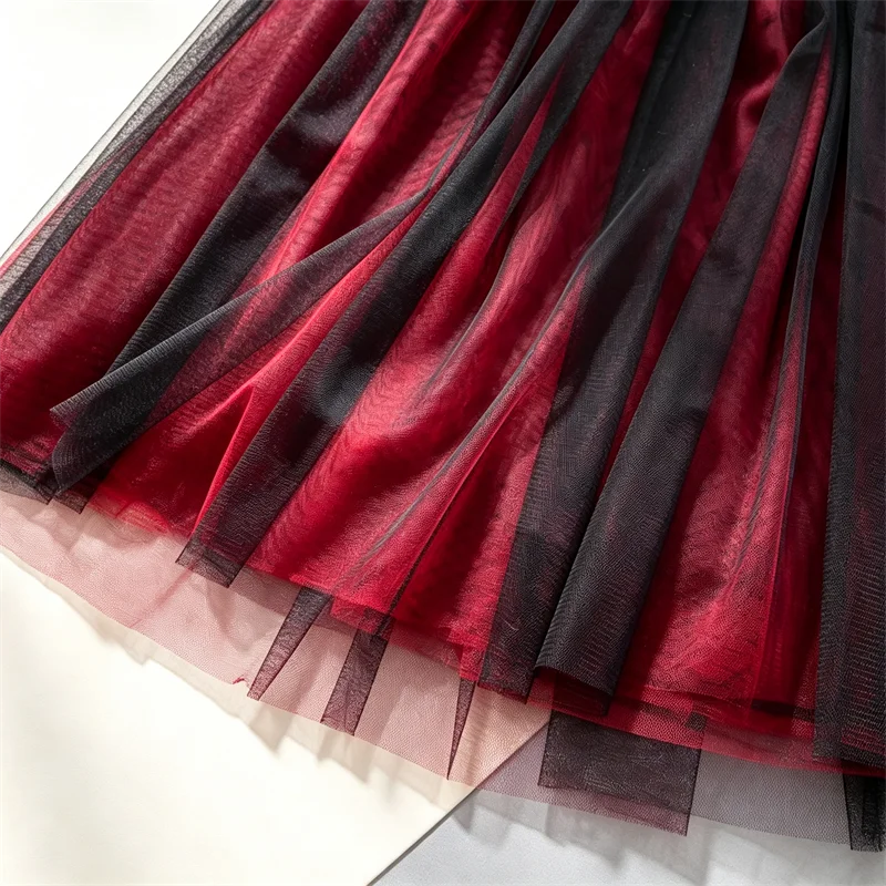 Damen Gothic Mehrschichtiger Tüll-Midirock mit Hoher Taille, A-Linie Mesh-Swingrock, Vintage Schwarz-Roter Tüllrock für Abendpartys – Detail 7