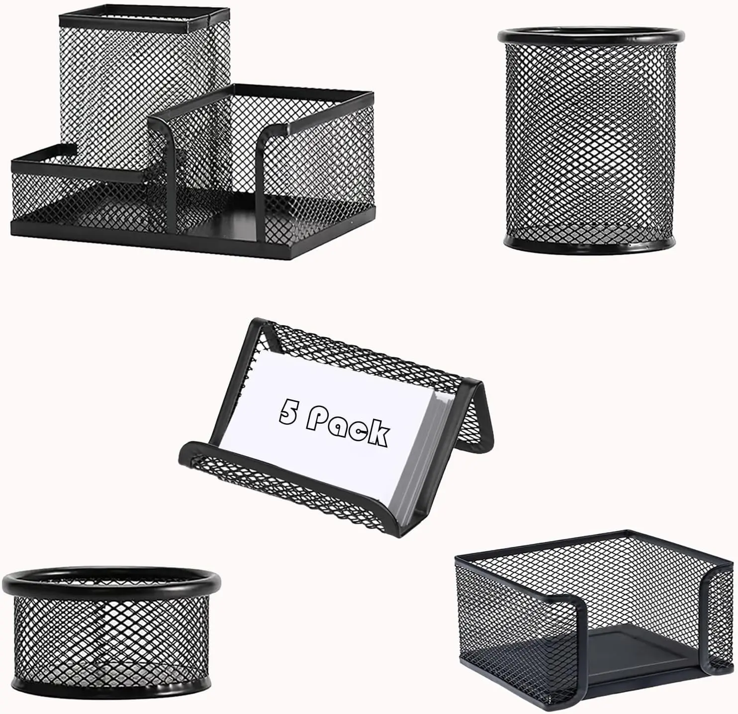 

5-Piece Mesh Desk Organizer Set, Pen Holder & Storage Caddy for Office School Home, Black
