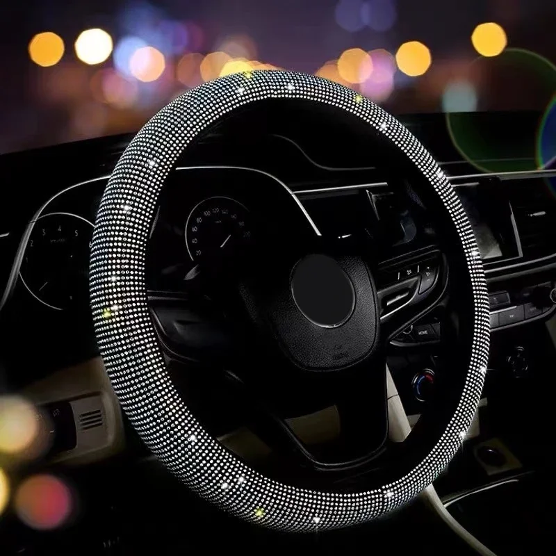 Deluxe Auto Steering Wheel Cover - Carbon Fiber with Sparkling Crystal Diamond, Ideal for Vehicle Interior Decoration