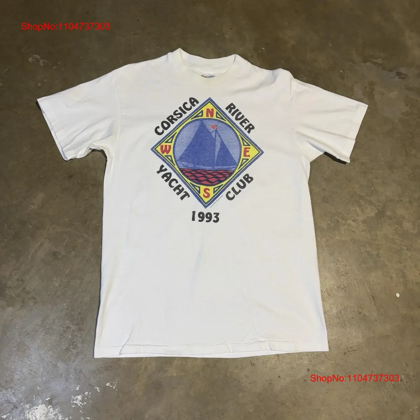 تي شيرت عتيق لنادي يخت كورسيكا 1993 تي شيرت رجالي M أبيض عتيق مغسول غير رسمي يسمح بمرور الهواء للارتداء اليومي #1