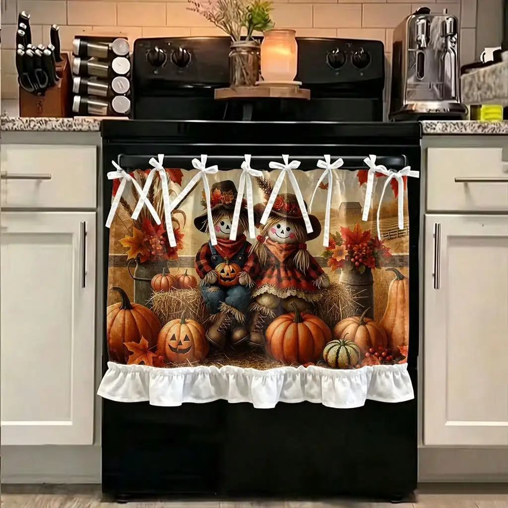 2D Flat, 1pc Farmhouse Fall Harvest Kitchen Stove Oven Valance, 2D Print Autumn Scarecrow Pumpkin Harvest Scene Autumn Home Decor Curtain for Dishwasher Microwaves Cabinet Kitchen Sink, Festival Gift, Makes a Great Addition to Thanksgiving Family
