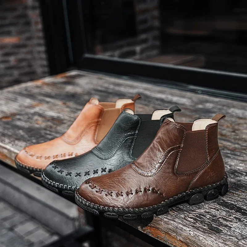 High Quality Leather Hand Stitched Slip on Chelsea Boots, Anti-slip Thick Sole Men's Boots, Casual Comfortable Botas Para Hombre