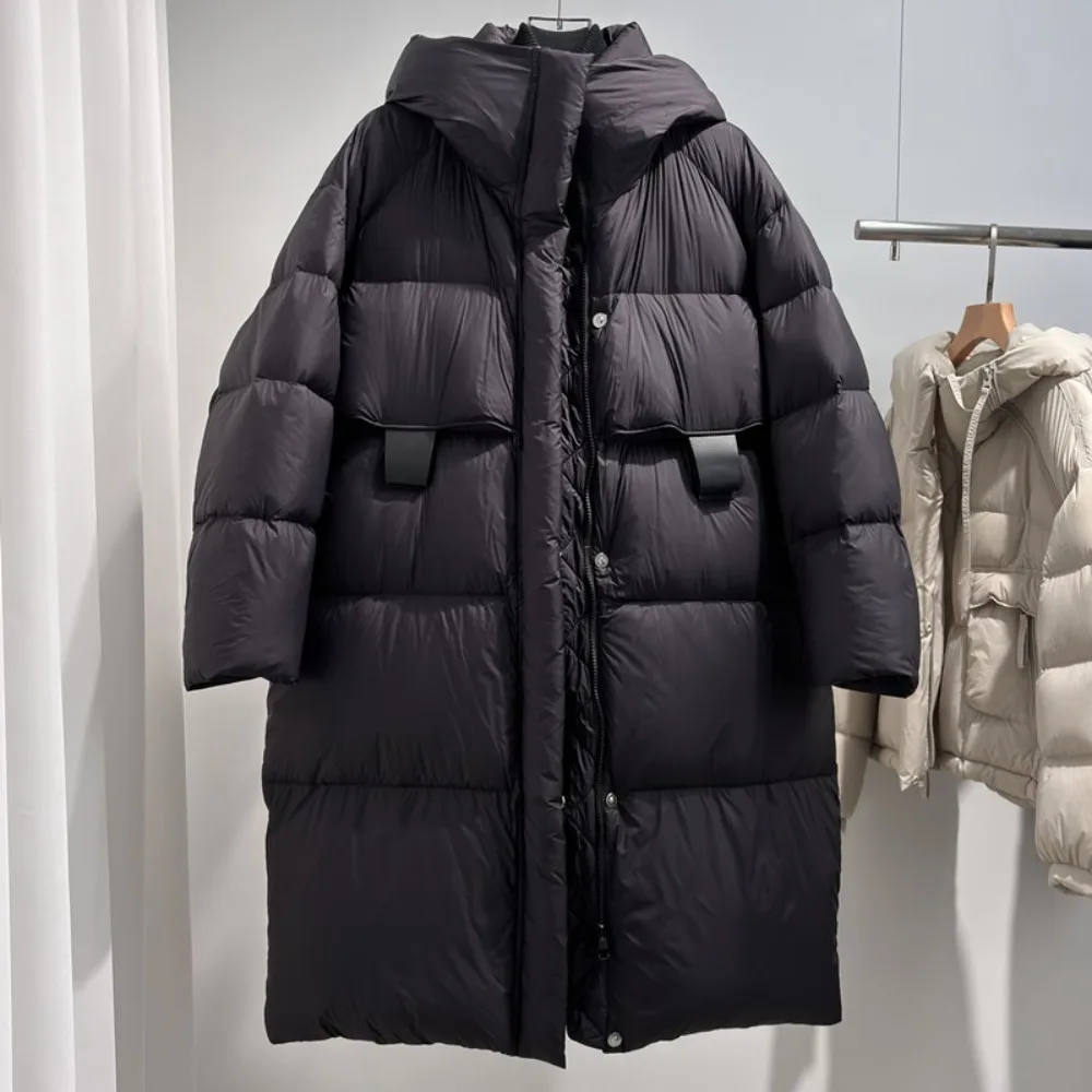 Abrigo largo de plumón de pato blanco a la moda para mujer, ropa de otoño e invierno con capucha, chaqueta acolchada gruesa y cálida para mujer 2025
