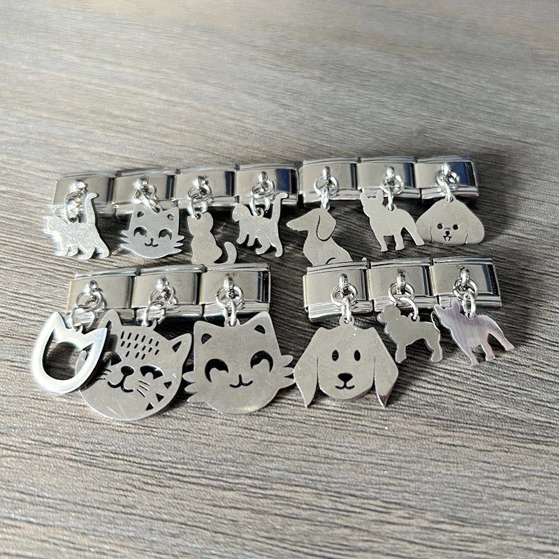 Italian Charm DIY Jewelry Cute Cat Lucky Dog Stainless Steel Simple Bone Kitty Head Accessories Link Fit 9mm Bracelet DIY Making