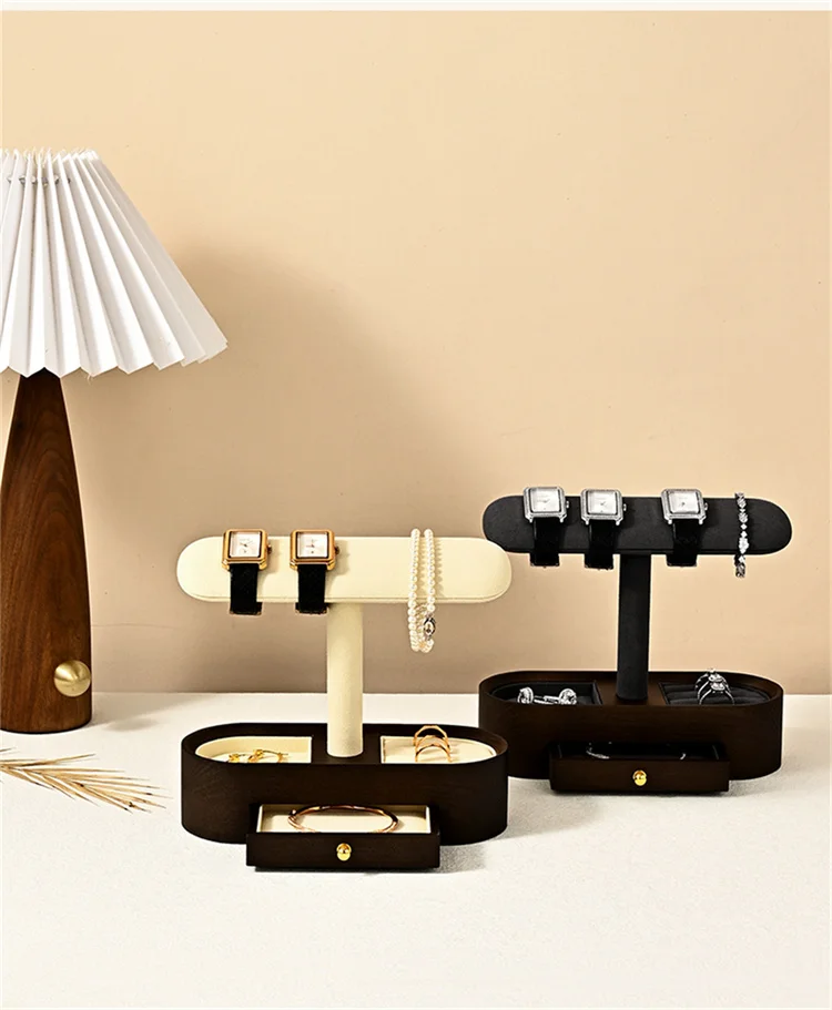 WoodTen Solid Wood Watch Display Stand with Drawers Double Layered Watch Necklace Bracelet Organizer Rack Jewelry Bracelet Stand