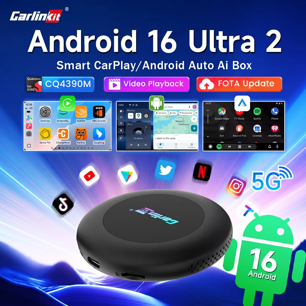 CarlinKit 3 In 1 Android 16 CarPlay Ai Box Wireless Adapter Android Auto Qualcomm CQ4390M 128GB 8-Core for Youtube Netflix FOTA