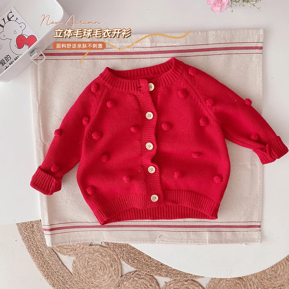 New Children\'s Sweater Coats 2024 Spring Autumn Girl Baby Cotton Soft Knitted Top Girl Handmade Ball Cardigan Jackets