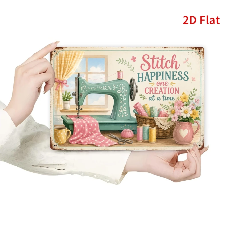2D Flat, Decorative Sign 2D Flat, [2Dflat], 1pc 11.81x7.87inch- Sewing Room Tin Plaque, Stitch Happiness Decorative Sign, Floral