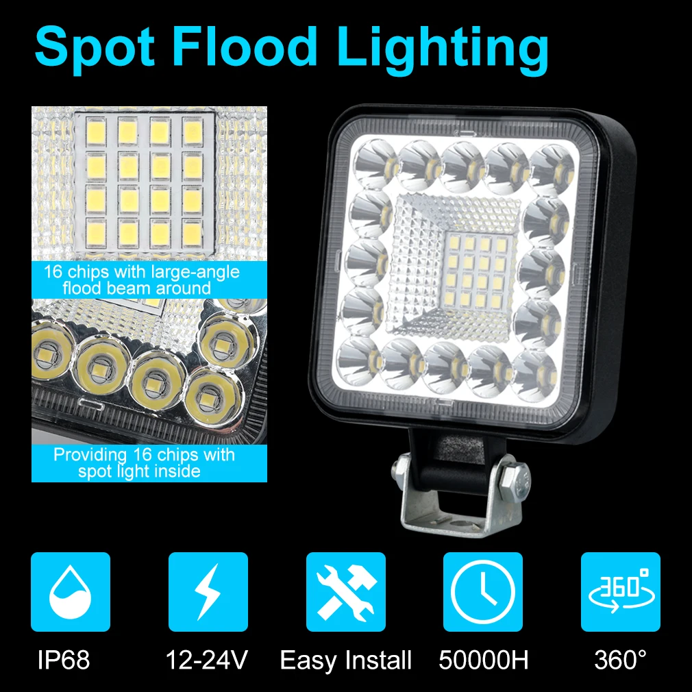 21LED 66W 36LED 96W Work Light 12V 24V Car LED Spotlight Square Round Auto Truck Off Road Mini Ledbar Offroad Car Headlight LED