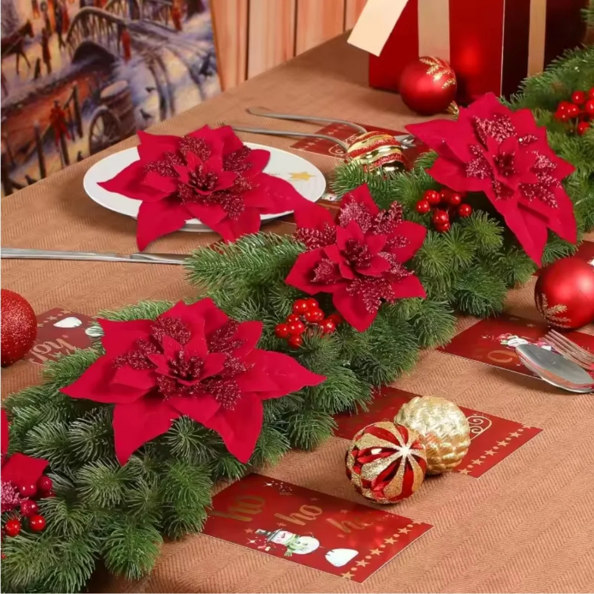 زهور عيد الميلاد الاصطناعية اللامعة الكبيرة مع مشابك DIY زهرة وهمية شجرة عيد الميلاد الحلي للمنزل لوازم الديكور السنة الجديدة #5