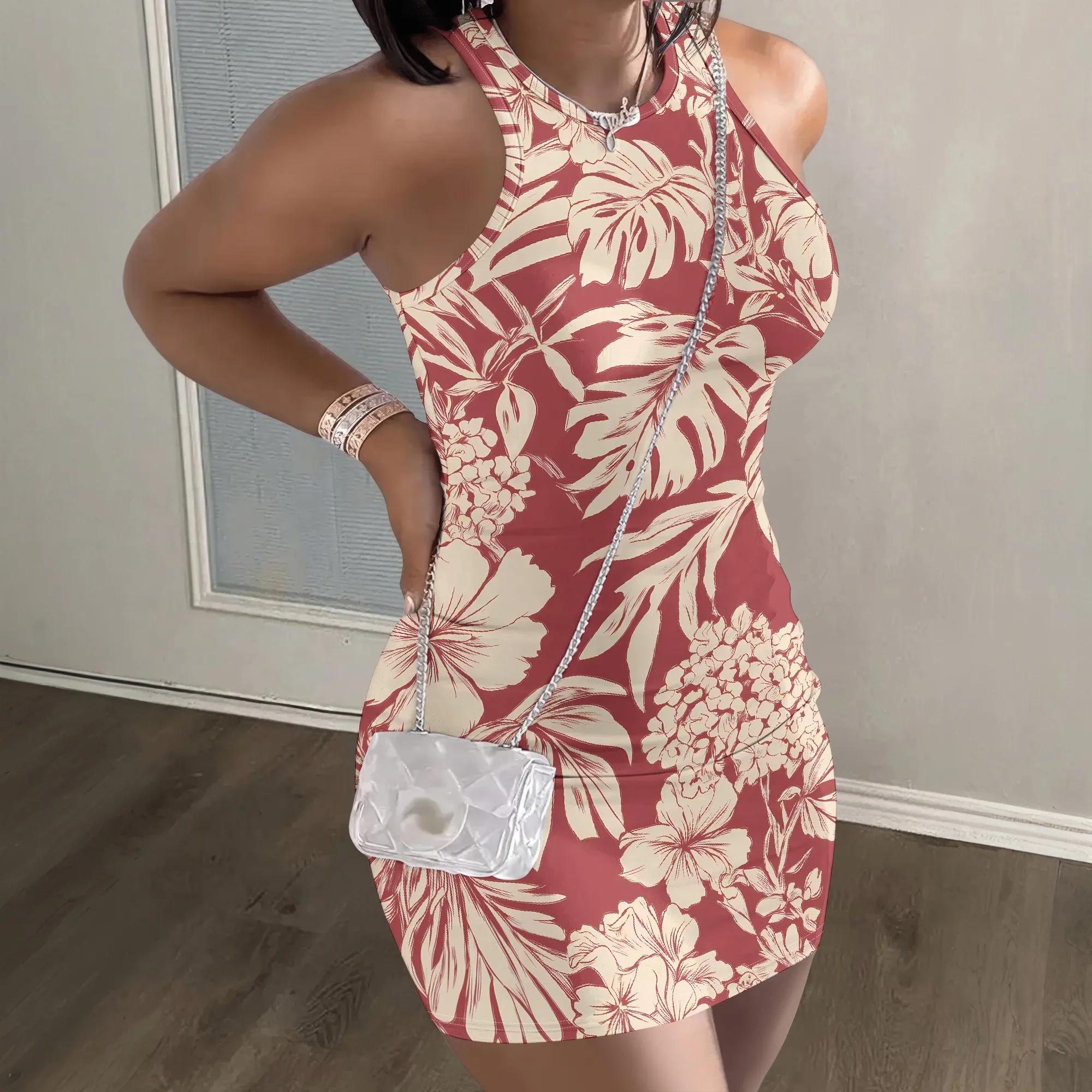 Floral Print Mini Dress, Tropical Leaves Pattern Bodycon Dress, Summer Beach Party Outfit for Women, S-2XL