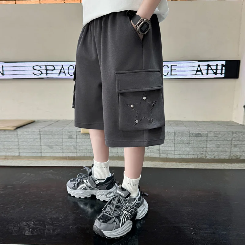 Brief Style Kids Summer Knitted Cotton Cargo Shorts with Pocket for Tweens Boy Casual Solid Color Knee Length Pants Grey Color