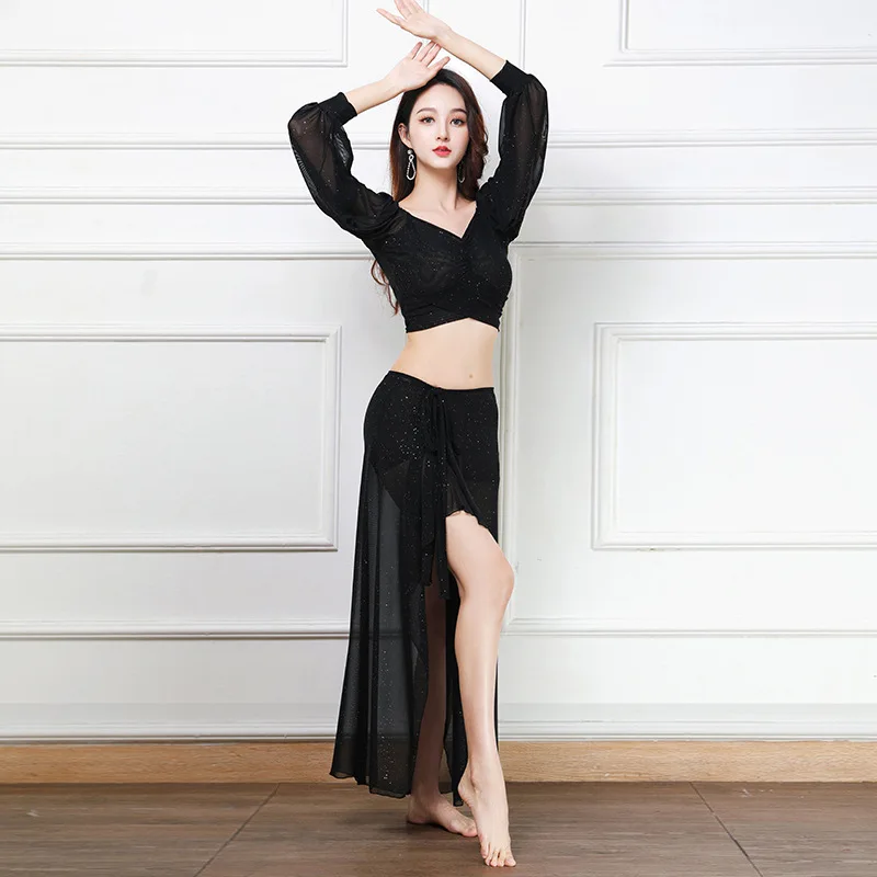 

2025 New Mesh Yarn Sprinkling Silver Belly Dance Practice Suit Set Large Size Thin Oriental Dance Performance Suit