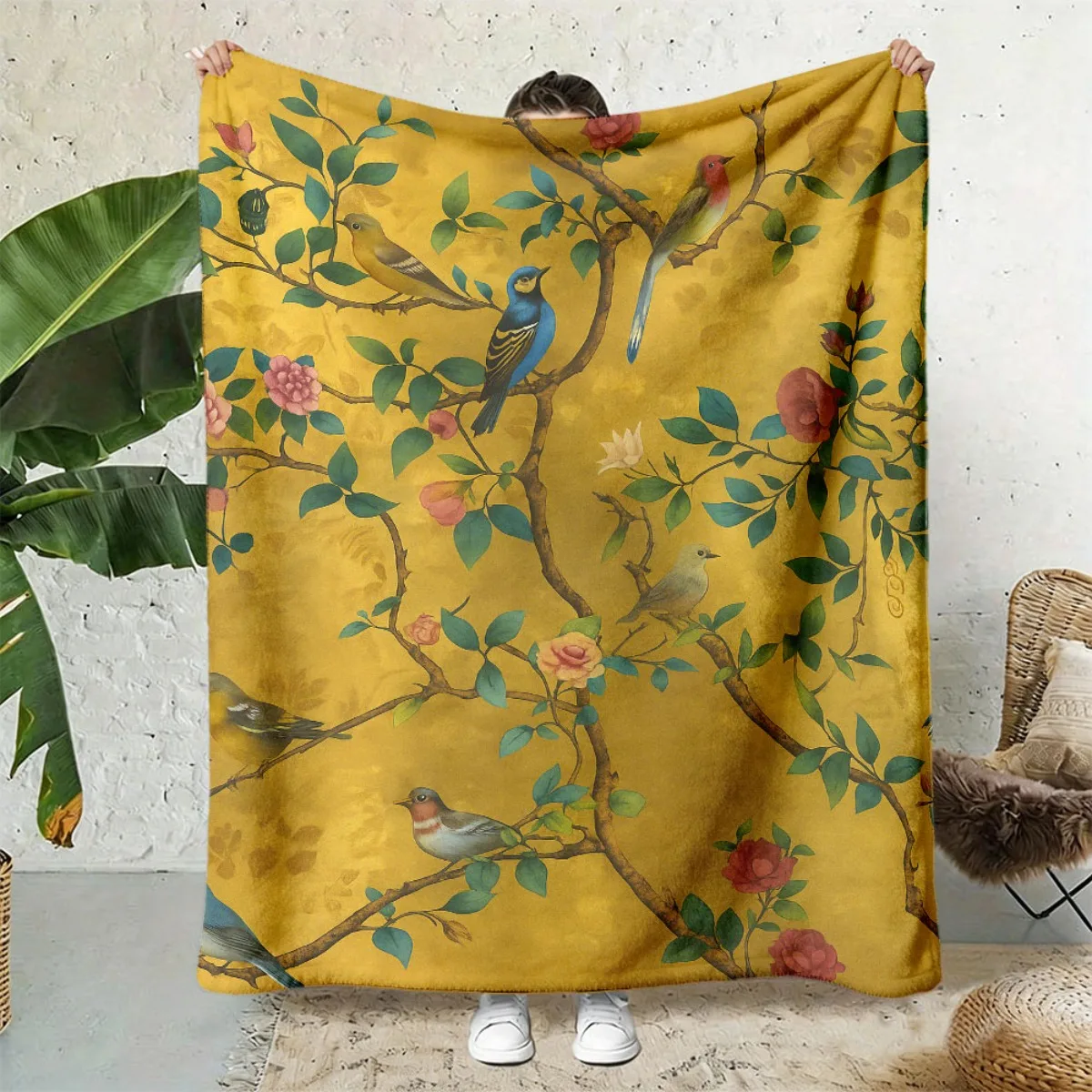 Vintage Color Bird Rose Twig Golden Base Print Blanket, Light Flannel Throw For Couch Room, Oriental Floral Daily Blanket
