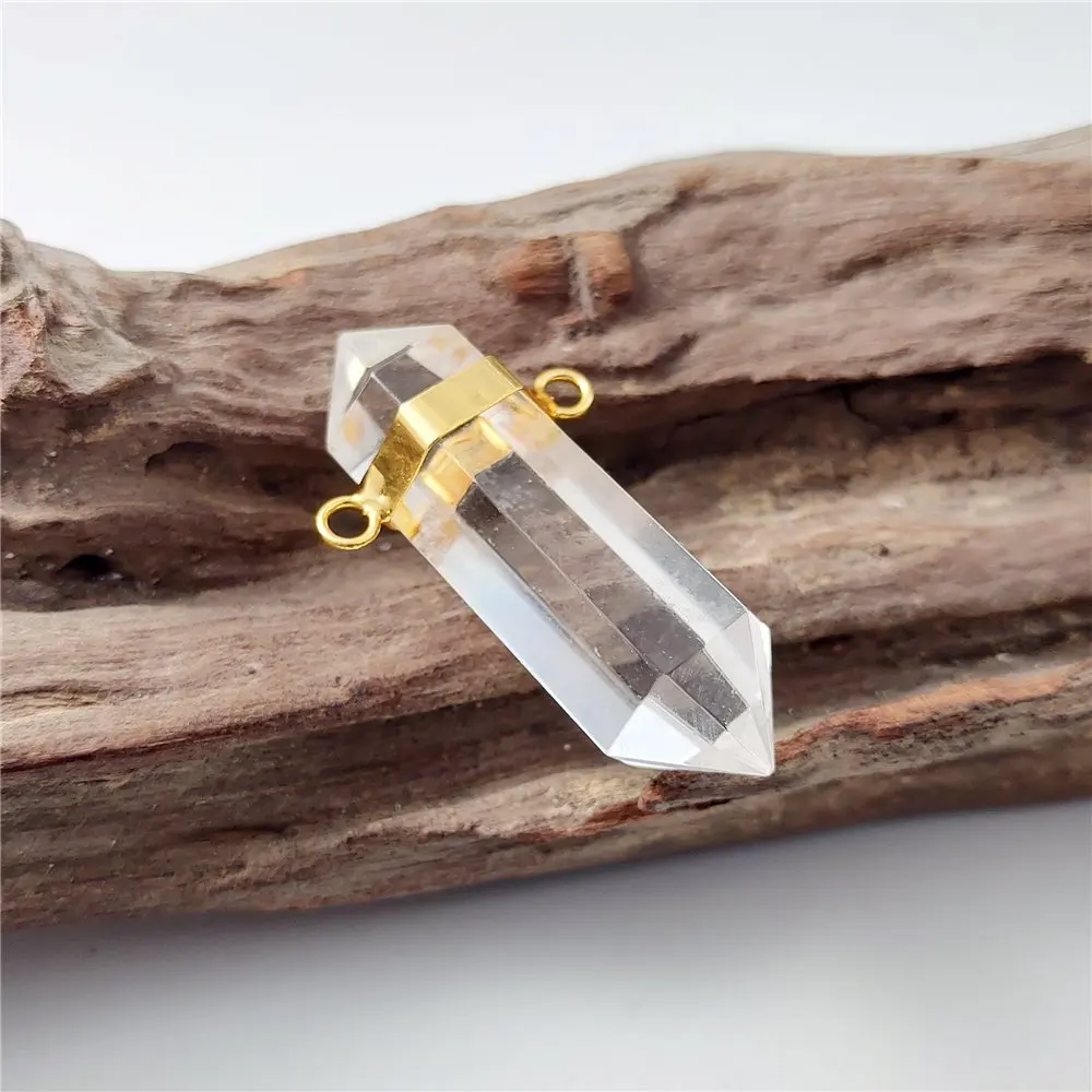 FUWO 1PCS Natural Clear Quartz Pendant,Handmade Double Point Healing Crystal Accessories For Necklace Making PD452