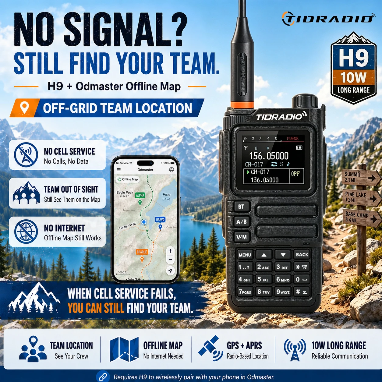 Radio Talkie-Walkie TIDRADIO H9 10W GPS APRS, Localisation d'équipe hors réseau, Carte hors ligne, Suivi d'équipe sans signal cellulaire, Radio bidirectionnelle longue portée, Rechargeable USB-C, Bande aérienne AM FM NOAA