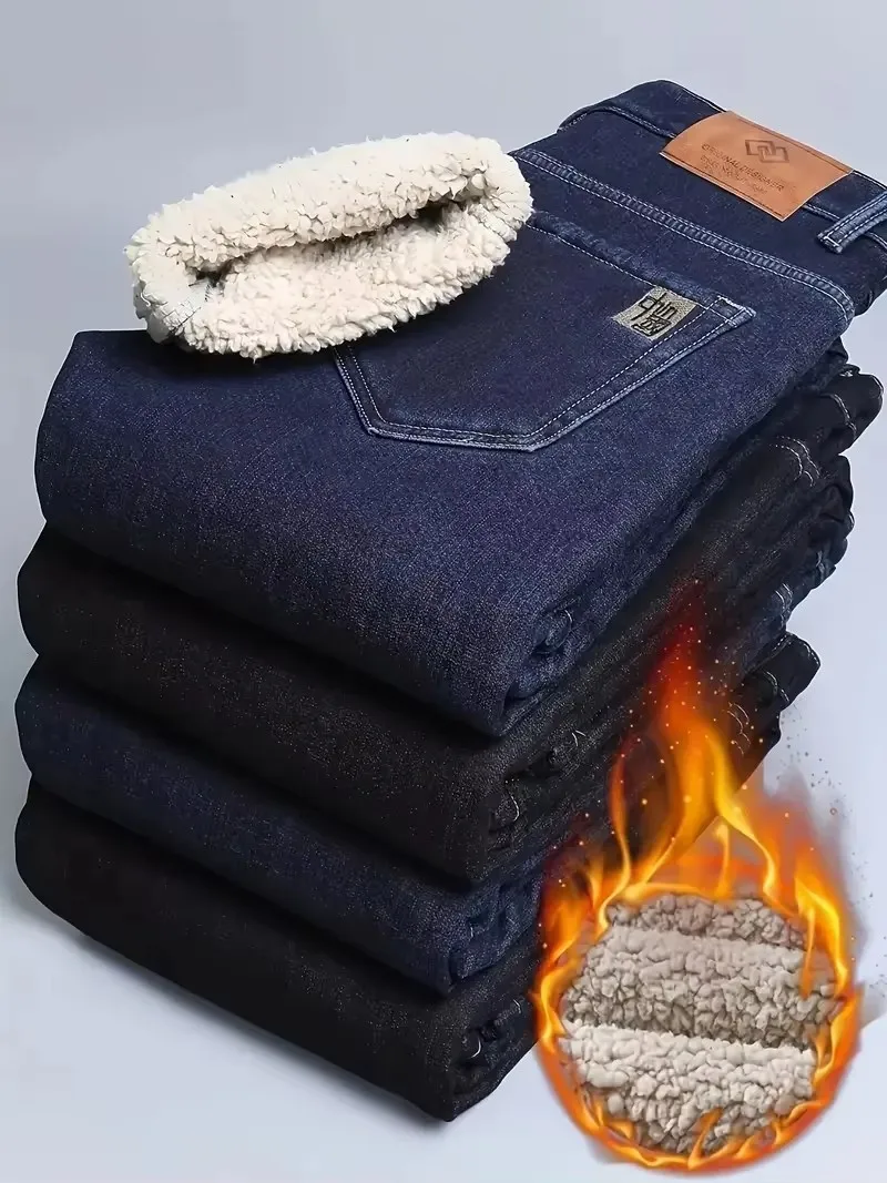 Winter Lamb Fluff Denim Straight Pants Men Thicken Big Size 40 Jeans High Waist Stretch Jeansy Fleece Lined Warm Slim Vaqueros