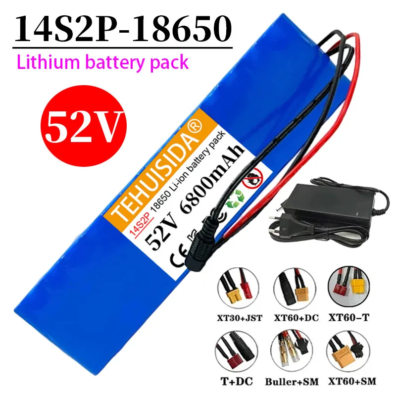 

New Rechargeable Lithium Battery Pack 14S2P 18650 6800mAh Power Supply 52V Built-in BMS with 2A Charger Multiple Plug Options