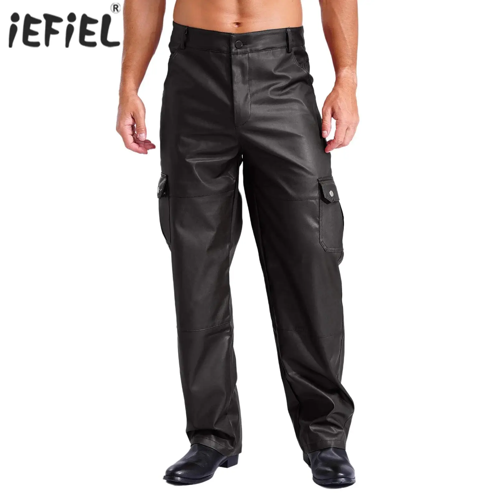 Mens Zipper PU Leather Cargo Pants Multiple Pockets Smooth Lining Solid Color Trousers Motorcycle Over Pants Music Party Costume