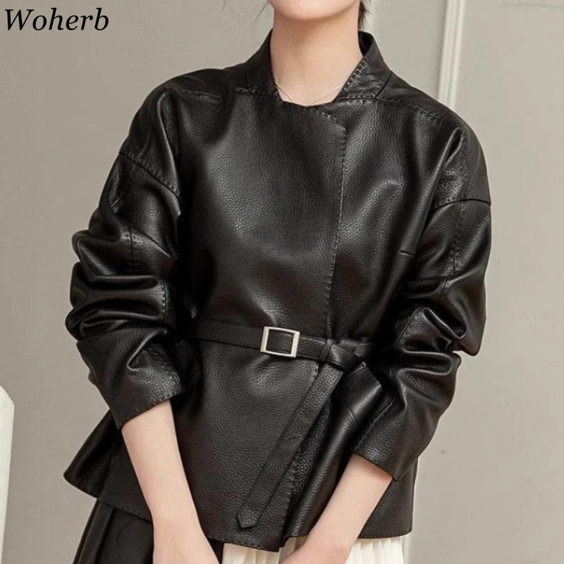 Vintage Stand Neck Belt Jackets for Women Fashion Temperament Outwear 2025 Ropa Mujer Solid Casual Leather PU All Match Y2k Coat