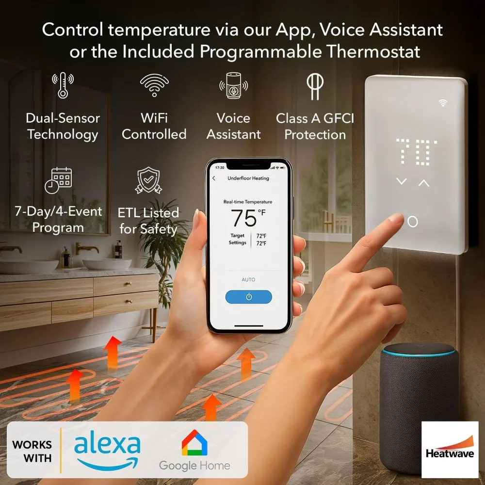 نظام تسخين مشع - 15 قدم مربع، 120 فولت، 180 وات، 1.5 أمبير، حصيرة تسخين كهربائية تحت الأرضية لراحة المنزل #5